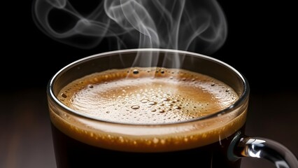 A close-up shot of a steaming hot cup of black coffee with a rich crema, set against a dark background.