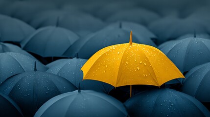 Unique Yellow Umbrella Standing Out from a Crowd of Dark Umbrellas