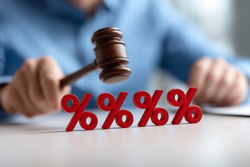 Judge Gavel with Red Percentage Symbols Representing Financial Law and Interest Rates