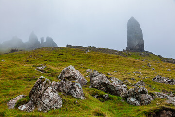 Misty Old Man of Storr pinnacles on Isle of Skye Scotland