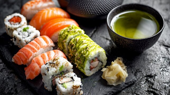 Exquisite sushi platter with fresh salmon nigiri and colorful maki rolls served on dark stone, accompanied by green tea and pickled ginger - Powered by Adobe