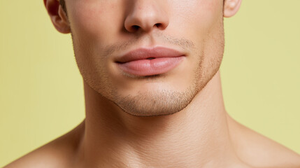 Fototapeta premium Male close up with sharp but smooth contour texture pastel face skin lips beard stubble natural healthy clean beauty expression