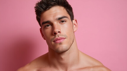 Naklejka premium Young male with matte skin and defined masculine contours poses against pastel pink background, showing natural expression and smooth complexion in close up portrait photography