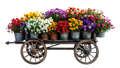 A wooden cart laden with an abundance of colorful flowers in metal and wooden pots
