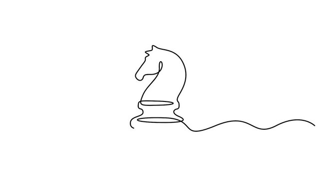 Self animated continuous one-line drawing of a chess knight, Single line art drawing chess knight