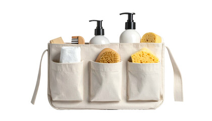 A canvas organizer filled with bathroom toiletries bottles, sponges, brushes, and a towel