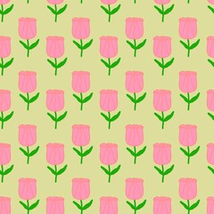 Seamless pattern of hand-drawn pink tulip flowers with green leaves on a pale yellow background. Minimalist floral  illustration for textile, wallpaper, and wrapping paper design.