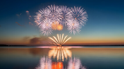 Vibrant fireworks display reflected on calm water at dusk