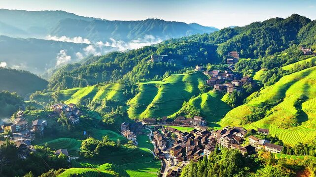 Aerial shot of beautiful green rice terrace fields and villages with mountain natural landscape in Guilin, China. 