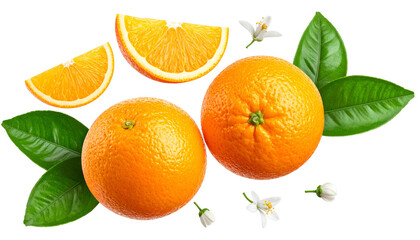 Bright orange citrus fruit, sliced and whole, with blossoms and leaves, on black
