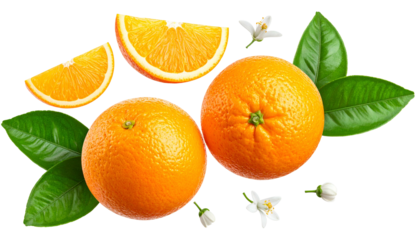 Bright orange citrus fruit, sliced and whole, with blossoms and leaves, on black