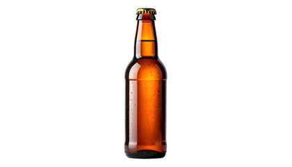 Amber beer bottle with condensation against black background, single light source