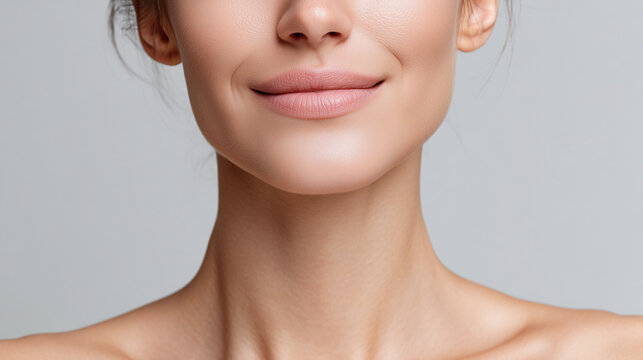 Soft studio close up capturing uneven chin contour from dc cd b, smooth skin and gentle smile on female face with natural makeup and bare shoulders
