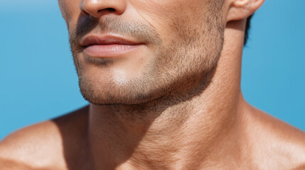 Obraz premium Ultra detailed macro of jawline skin texture in sunlight showing natural facial hair and smooth lips on male with clear blue background and healthy skin glow