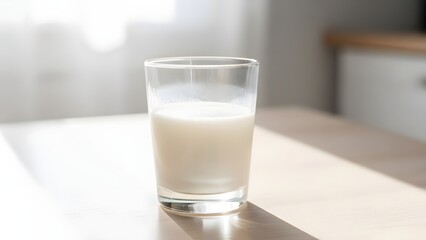 A clear glass filled with fresh white milk sitting on a sunlit wooden table.