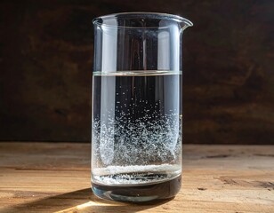 Close-up of a glass beaker with a clear liquid and small particles suspended at the bottom on a wooden surface