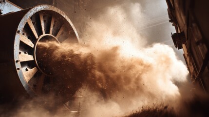 Cyclone sawdust collection system in action capturing dust and debris swirling inside the cylindrical separator in a medium shot.