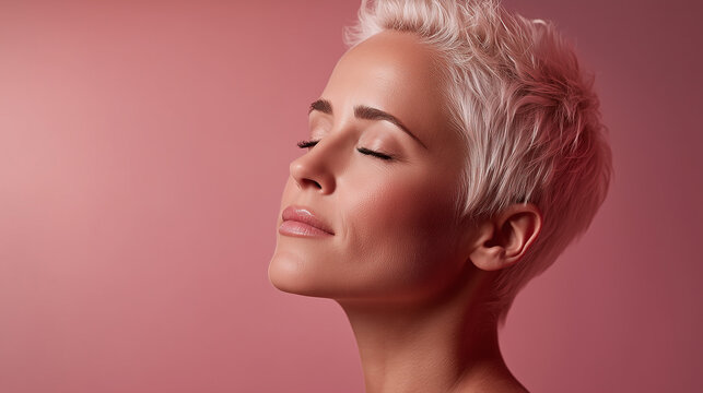 Young woman with pixie cut and eyes closed takes deep exhale with tranquil expression on pink background, showing calmness and relaxation in close up portrait