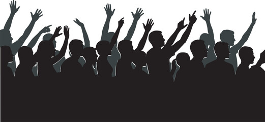 Crowd of people silhouette with raised hands at concert or protest audience group of fans cheering at music festival isolated on white © Hello World