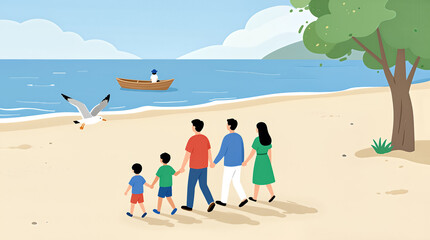 Family of five walking on beach with seagull and boat in background