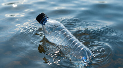 Empty plastic bottle floating in water with ripples