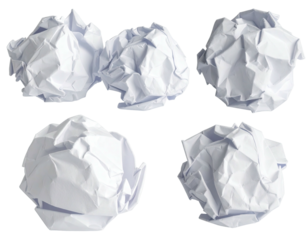 Five crumpled white paper balls sit on a black backdrop