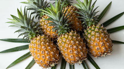 Four ripe pineapples with green leaves on white background