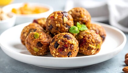 Close-up of a plate with a cluster of round, healthy snacks. They are brown and speckled with visible seeds and dried fruits
