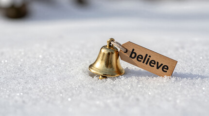 Golden bell with believe tag on snowy surface