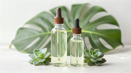 Glass bottles with droppers and green succulents with large tropical leaves in the background
