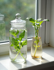 Green plant cuttings in glass jars of water on a windowsill