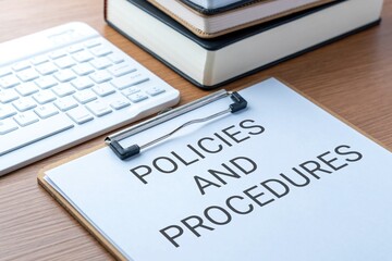 A clipboard with "POLICIES AND PROCEDURES" text on a wooden desk next to a keyboard and book. Corporate compliance, business regulations, guidelines concept.