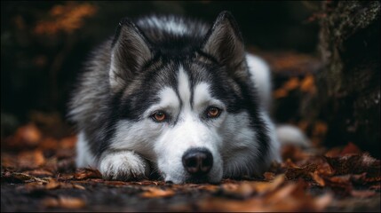 Obraz premium Husky rests on autumn leaves in forest setting during late afternoon light