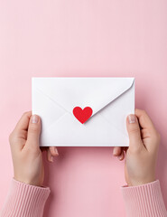 Hands holding white envelope with red heart on pink background