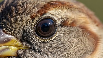 Extreme close-up of a bird's eye showing intricate feather details and dark pupil.