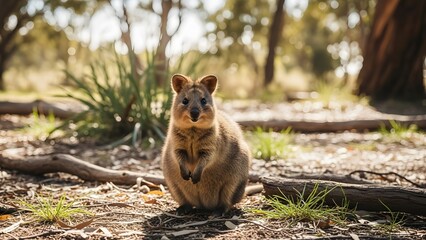 A cute quokka sits on the forest floor looking directly at the camera on a sunny day.