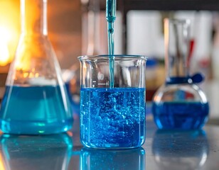 Close-up of a scientific experiment. Bright blue liquid is being poured into a beaker. Laboratory glassware is visible