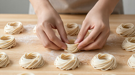 Hands shaping homemade pasta noodles into small bundles on wooden surface