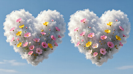 Heart-shaped cloud filled with colorful flowers against blue sky.