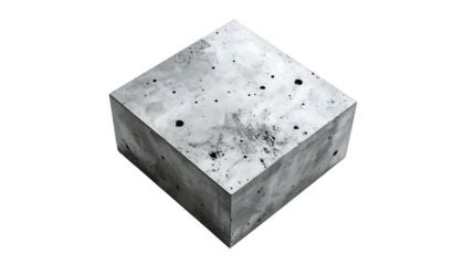 A concrete cube, angled on a dark background, with textural variations and dark spots
