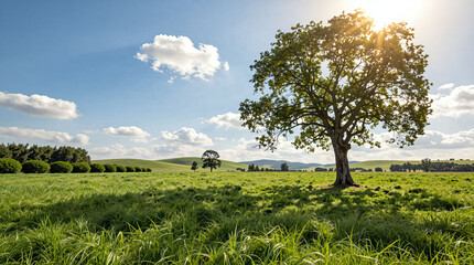 Large tree in green meadow with rolling hills under sunny sky