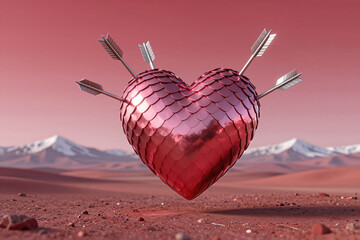 Metallic heart with arrows in desert landscape with mountains