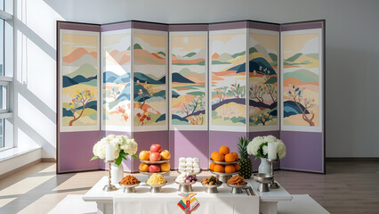 Traditional Korean folding screen with altar and decorative fruits  