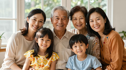 Smiling multigenerational family with grandparents, parents, and children indoors