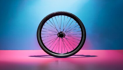 a solitary black bicycle wheel rests on a vibrant pink and blue backdrop symbolizing motion amidst stillness