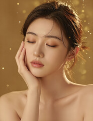 Young woman with eyes closed, hand on face, and golden sparkling background
