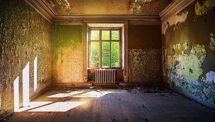 a sunlit window in a dilapidated room with peeling paint and textured walls