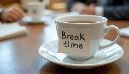 Coffee Break with Sticky Note on Cup During Work Meeting Time