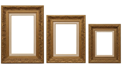 Set of three ornate gold picture frames in different sizes, antique baroque style frames isolated