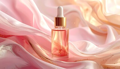 Close-up of a glass dropper bottle, filled with a pinkish liquid, presented on flowing, luxurious, blush-toned fabric